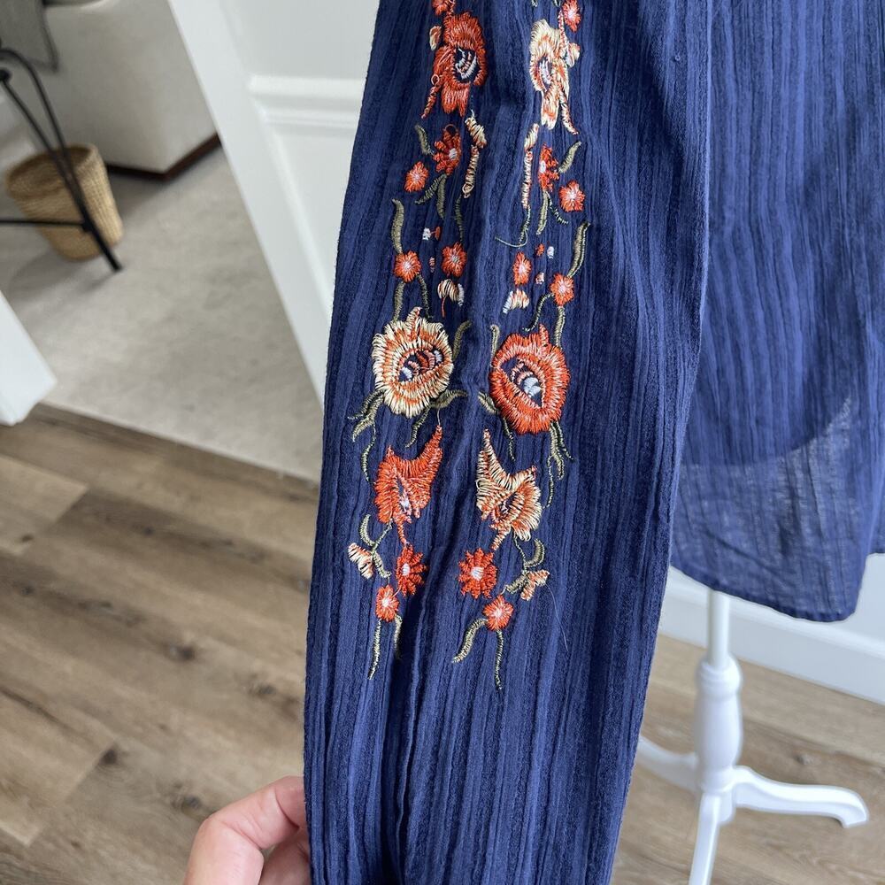 Sonoma Women L Embroidered Button Up Shirt Collared Cotton Gauzy Top Blue Tunic - Picture 2 of 10